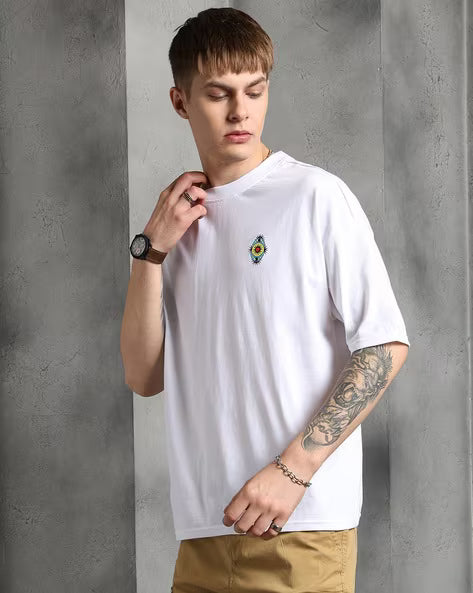 Drop-Shoulder Front Placement & Back Typographic Print Oversized Fit Tshirt