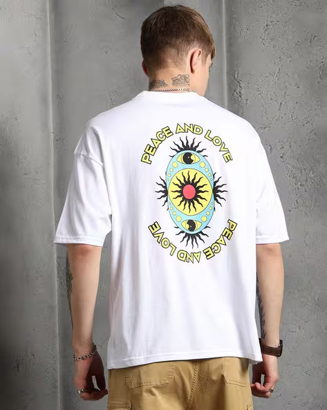 Drop-Shoulder Front Placement & Back Typographic Print Oversized Fit Tshirt