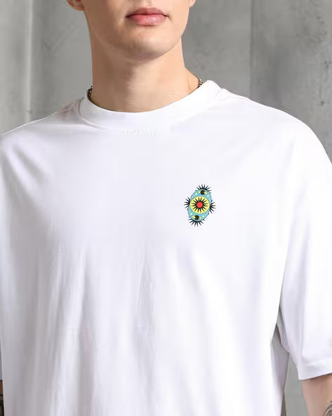 Drop-Shoulder Front Placement & Back Typographic Print Oversized Fit Tshirt