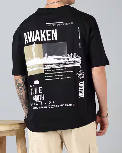 Street Drop Shoulder Typographic Back Print Oversized Fit Crew Tshirt for men