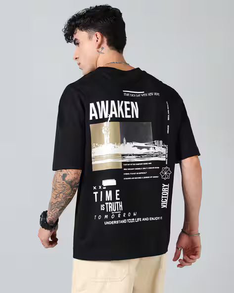 Street Drop Shoulder Typographic Back Print Oversized Fit Crew Tshirt for men