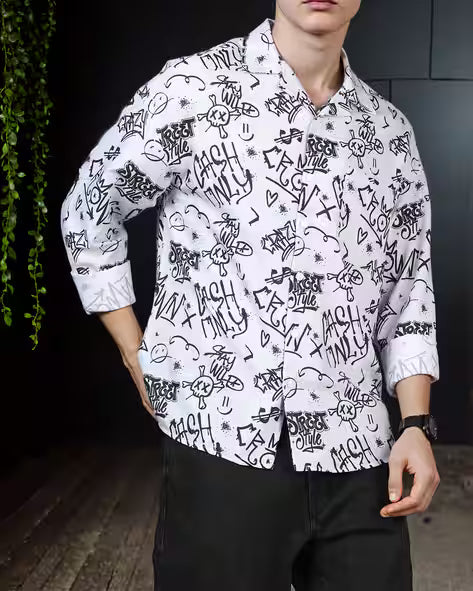 Collar Full Sleeve Typographic Print Shirt for men
