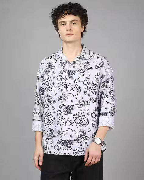 Collar Full Sleeve Typographic Print Shirt for men
