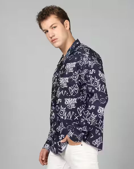 Cuban Collar Full Sleeves Typographic Print Shirt for men