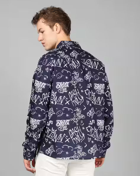 Cuban Collar Full Sleeves Typographic Print Shirt for men