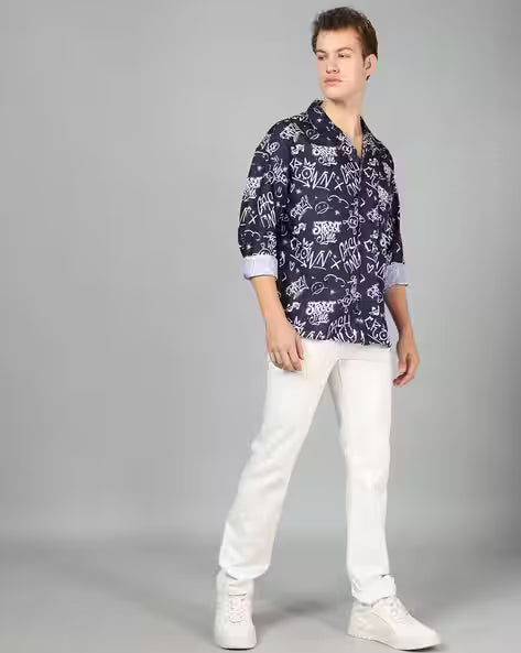 Cuban Collar Full Sleeves Typographic Print Shirt for men