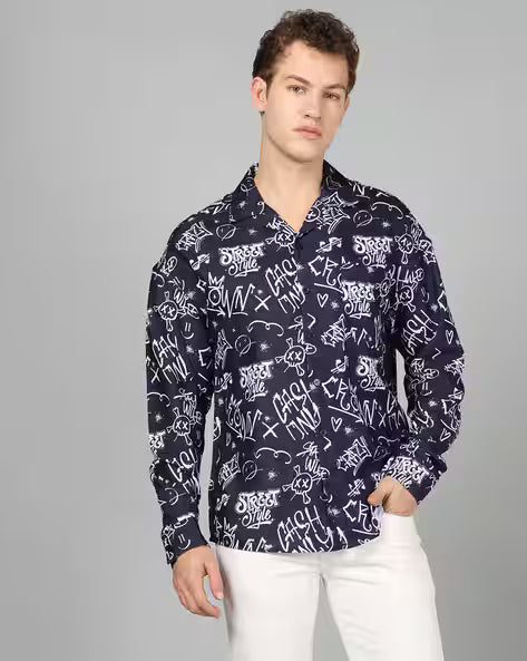 Cuban Collar Full Sleeves Typographic Print Shirt for men