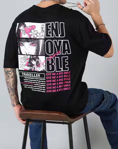 Street Drop Shoulder Typographic Back Print Oversized Fit Crew Tshirt Qubal