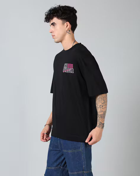 Street Drop Shoulder Typographic Back Print Oversized Fit Crew Tshirt Qubal