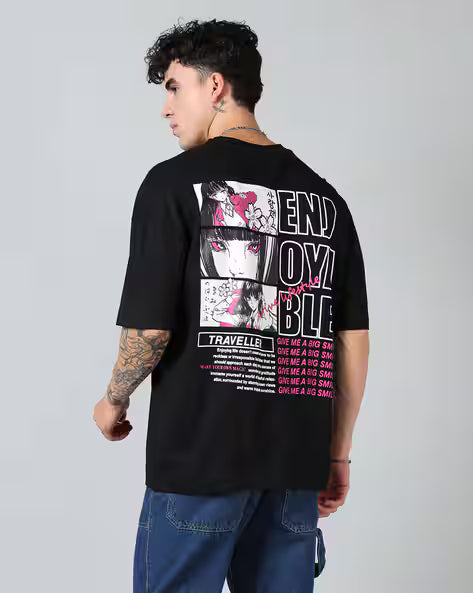 Street Drop Shoulder Typographic Back Print Oversized Fit Crew Tshirt Qubal