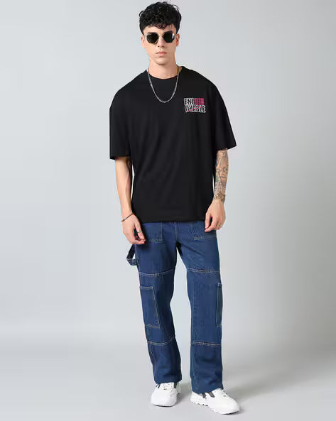 Street Drop Shoulder Typographic Back Print Oversized Fit Crew Tshirt Qubal