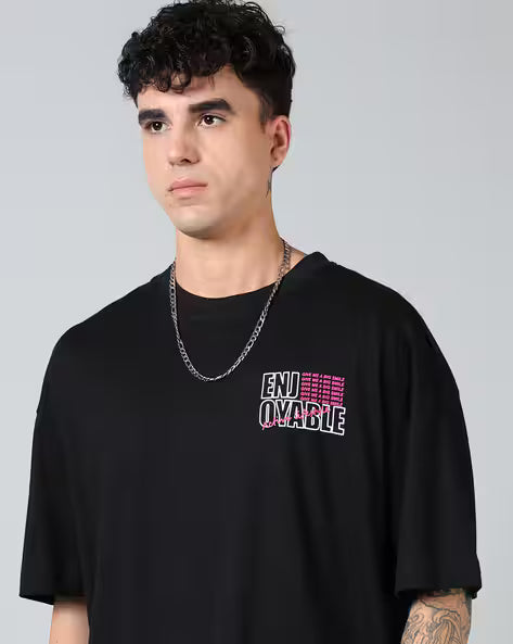 Street Drop Shoulder Typographic Back Print Oversized Fit Crew Tshirt Qubal