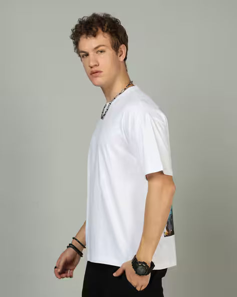 Drop Shoulder Typographic Back Print Crew Tshirt White colour