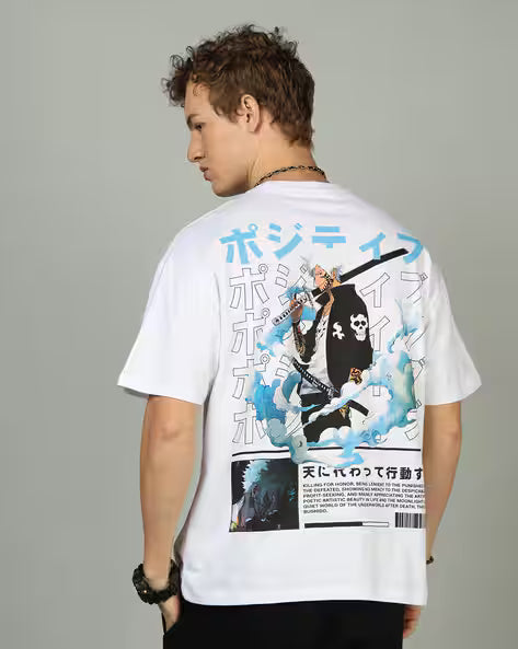 Drop Shoulder Typographic Back Print Crew Tshirt White colour