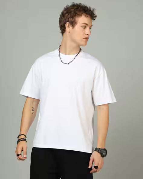 Drop Shoulder Typographic Back Print Crew Tshirt White colour