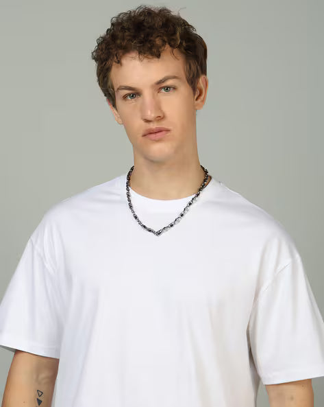 Drop Shoulder Typographic Back Print Crew Tshirt White colour