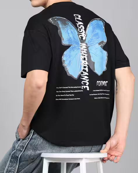 Drop Shoulder Typographic Back Print Crew Tshirt Butterfly