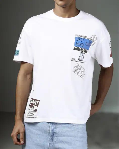 Drop Shoulder Typographic Back Print Crew Tshirt white colour