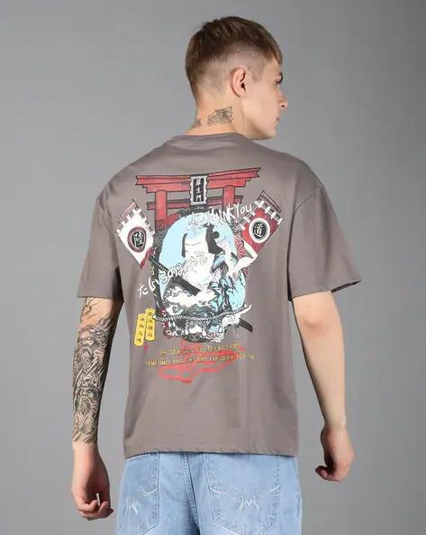 Drop Shoulder Typographic Back Print Crew Tshirt GREY