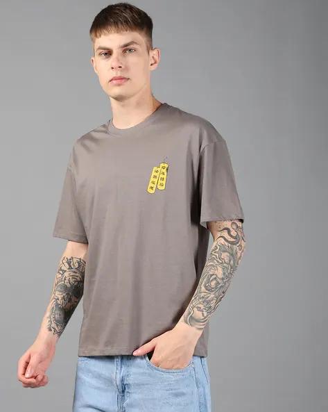 Drop Shoulder Typographic Back Print Crew Tshirt GREY