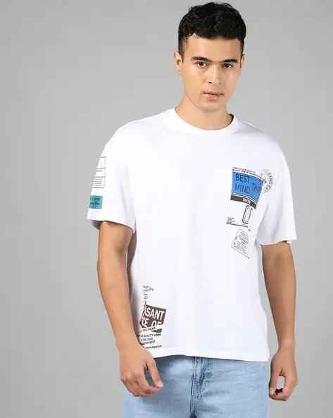 Drop Shoulder Typographic Back Print Crew Tshirt white colour