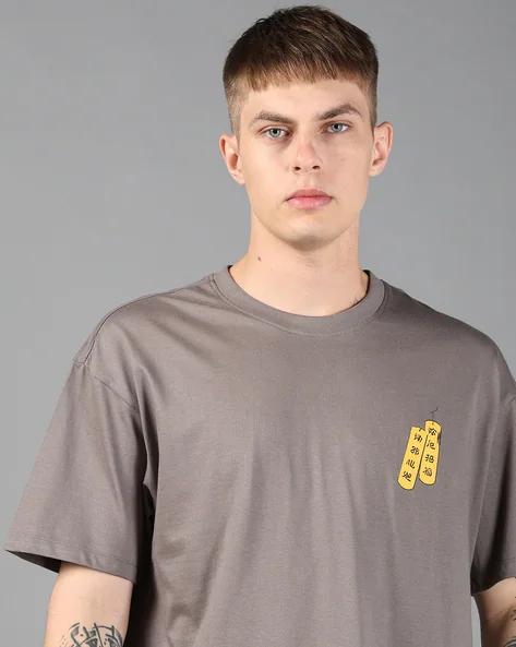 Drop Shoulder Typographic Back Print Crew Tshirt GREY