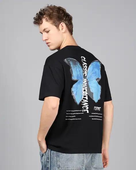 Drop Shoulder Typographic Back Print Crew Tshirt Butterfly
