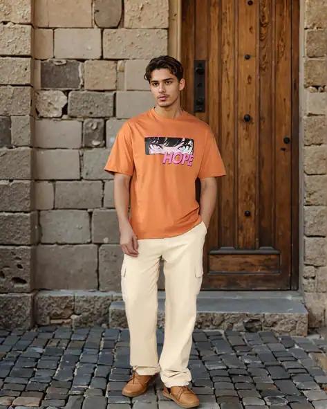 Drop Shoulder Typographic Back & Chest Print Crew Tshirt