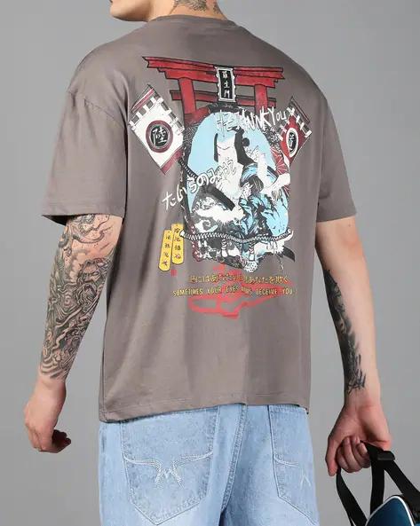 Drop Shoulder Typographic Back Print Crew Tshirt GREY