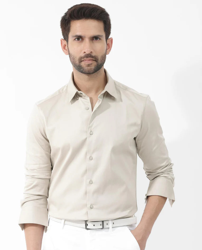 SATIN STRETCH PLAIN SHIRT COMO 4 - DUSKY BEIGE
