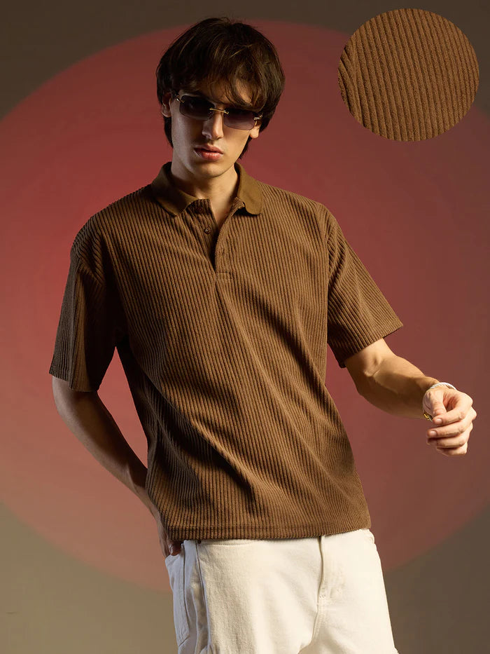 Ribbed brown colour polo t-shirt for men classic lookk wool soft cotton