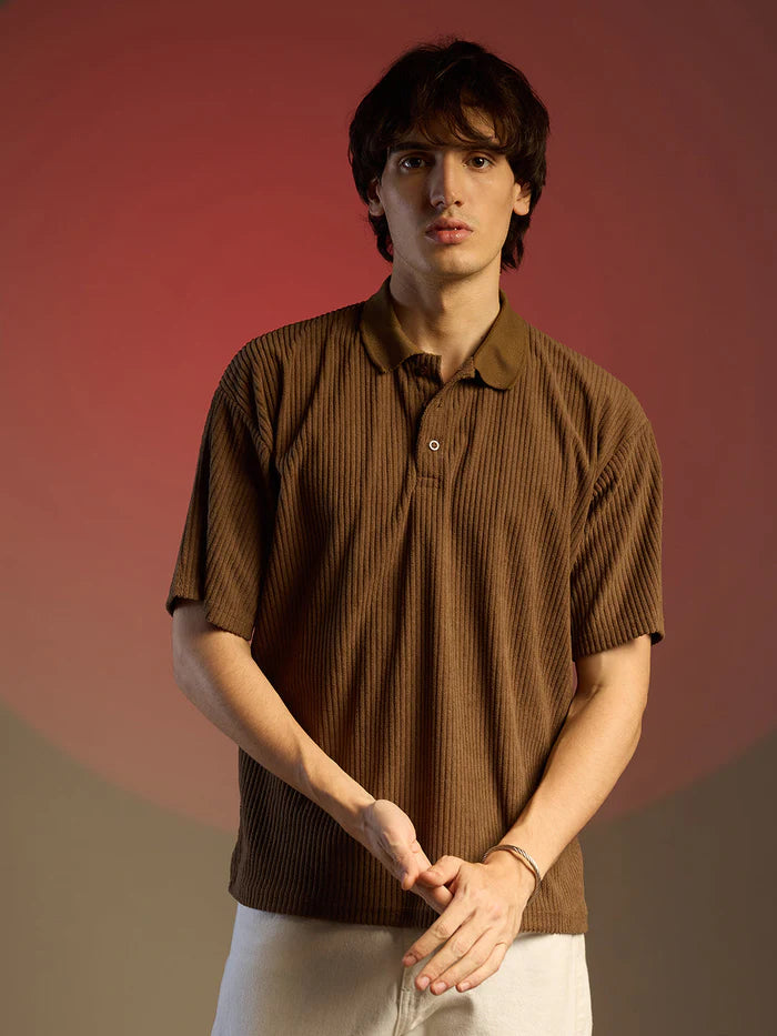 Ribbed brown colour polo t-shirt for men classic lookk wool soft cotton