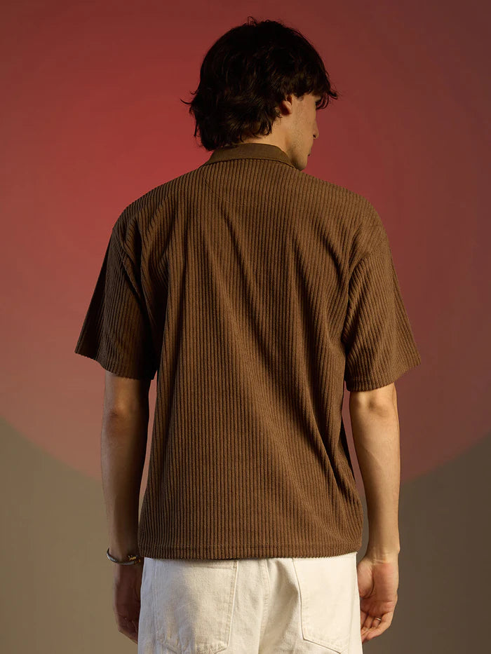 Ribbed brown colour polo t-shirt for men classic lookk wool soft cotton