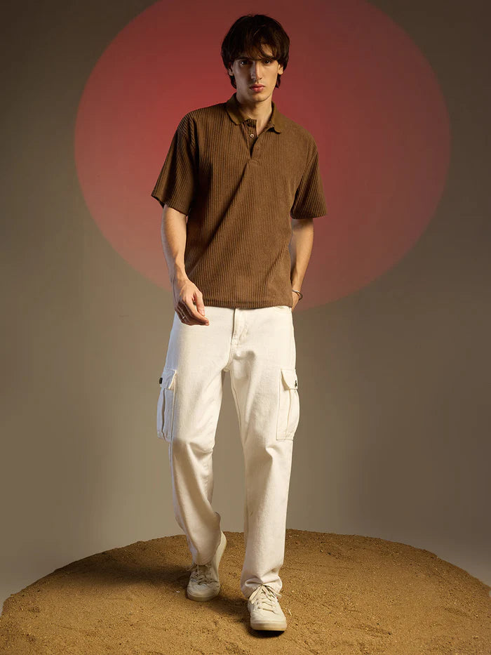 Ribbed brown colour polo t-shirt for men classic lookk wool soft cotton