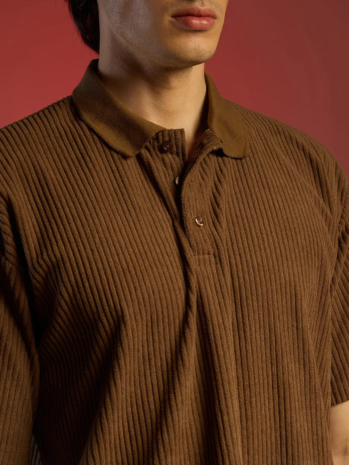 Ribbed brown colour polo t-shirt for men classic lookk wool soft cotton