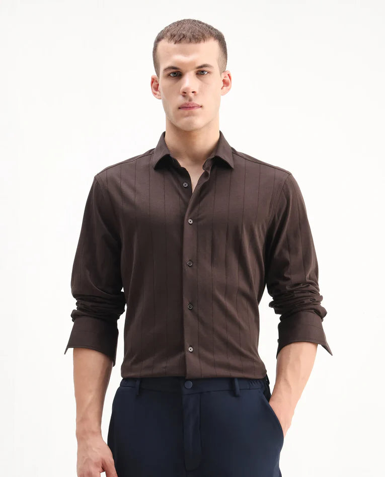 STRUCTURED STRIPE KNIT SHIRT VERT-LS-25 - BROWN FOR MEN