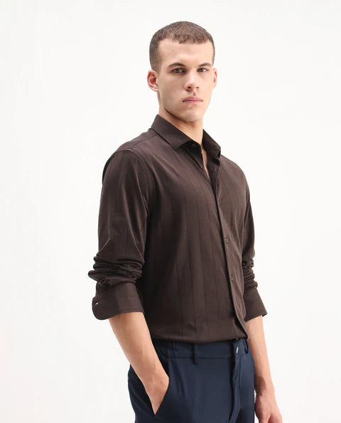 STRUCTURED STRIPE KNIT SHIRT VERT-LS-25 - BROWN FOR MEN