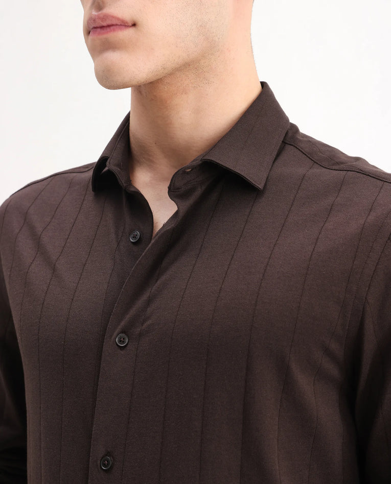 STRUCTURED STRIPE KNIT SHIRT VERT-LS-25 - BROWN FOR MEN