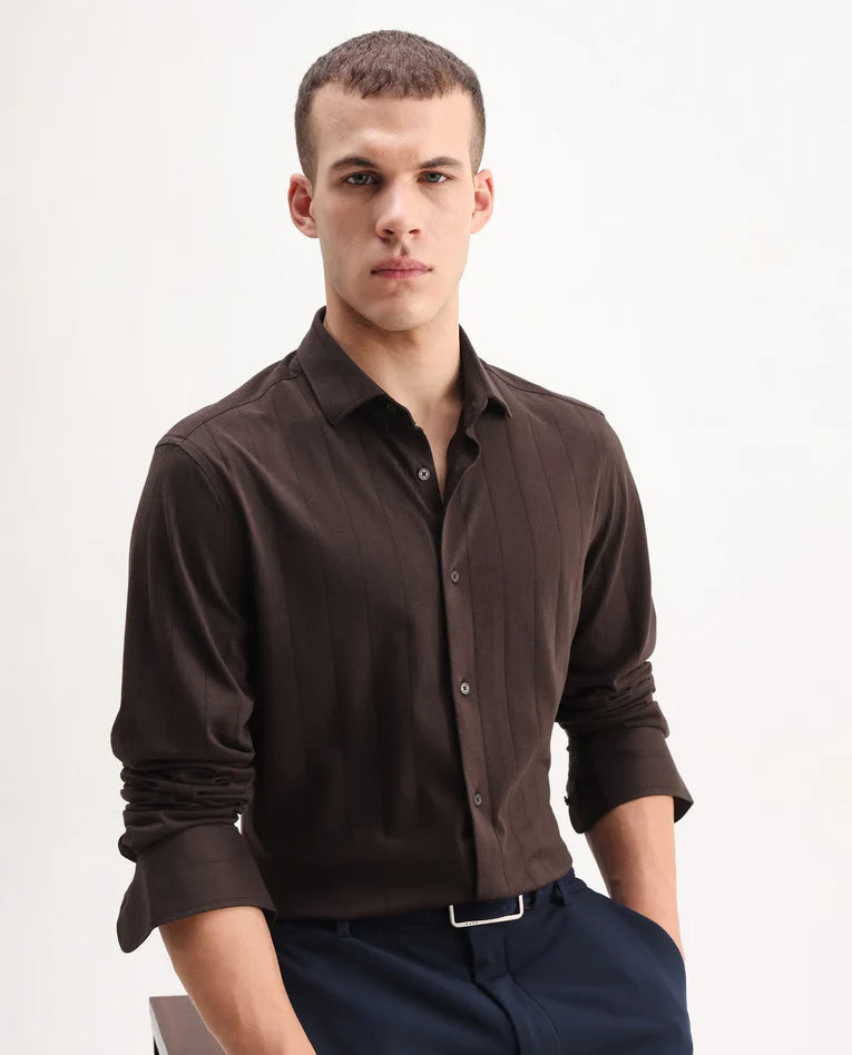 STRUCTURED STRIPE KNIT SHIRT VERT-LS-25 - BROWN FOR MEN