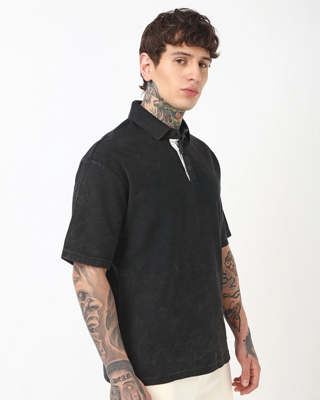 Men's black acid washed polo t-shirt