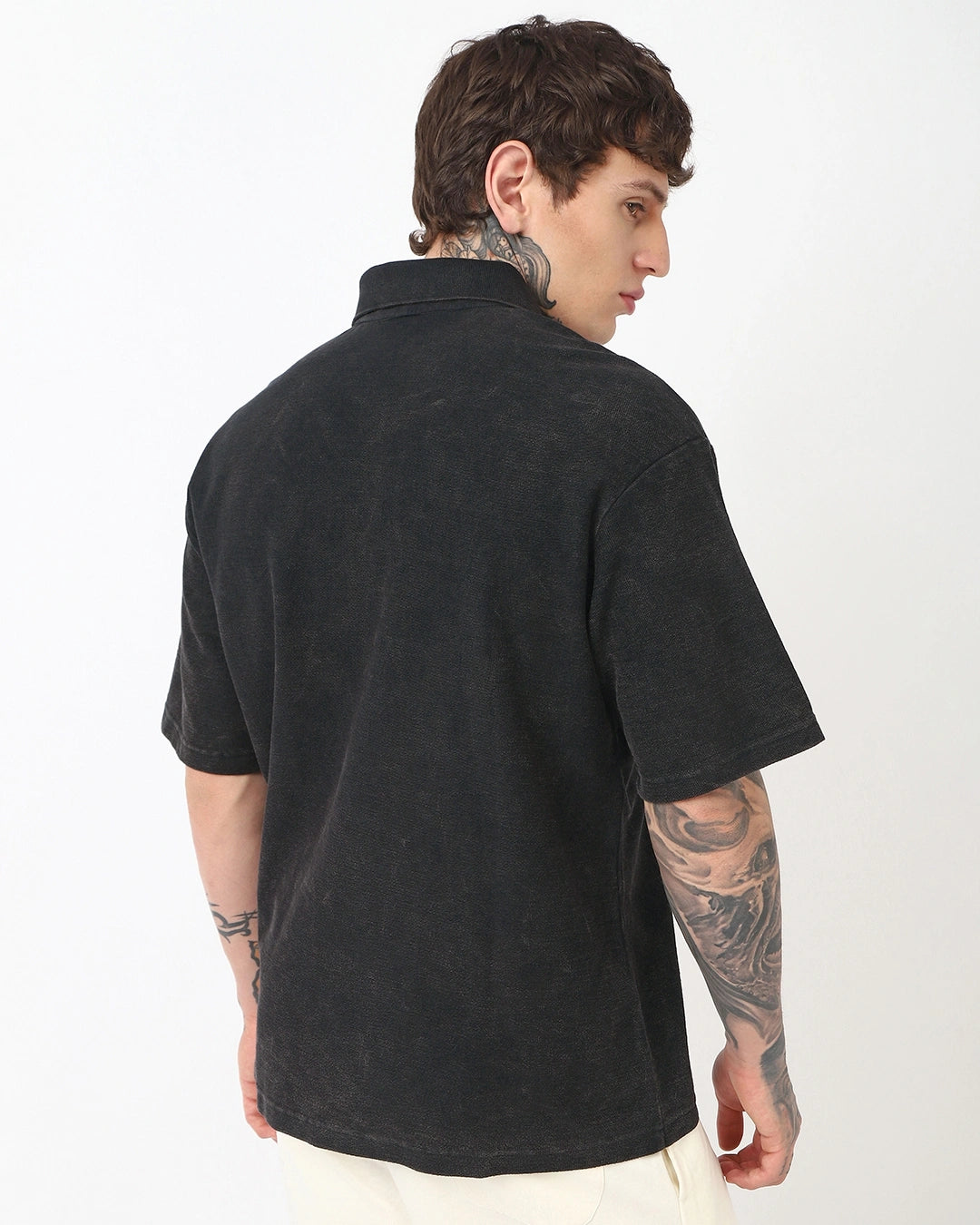 Men's black acid washed polo t-shirt