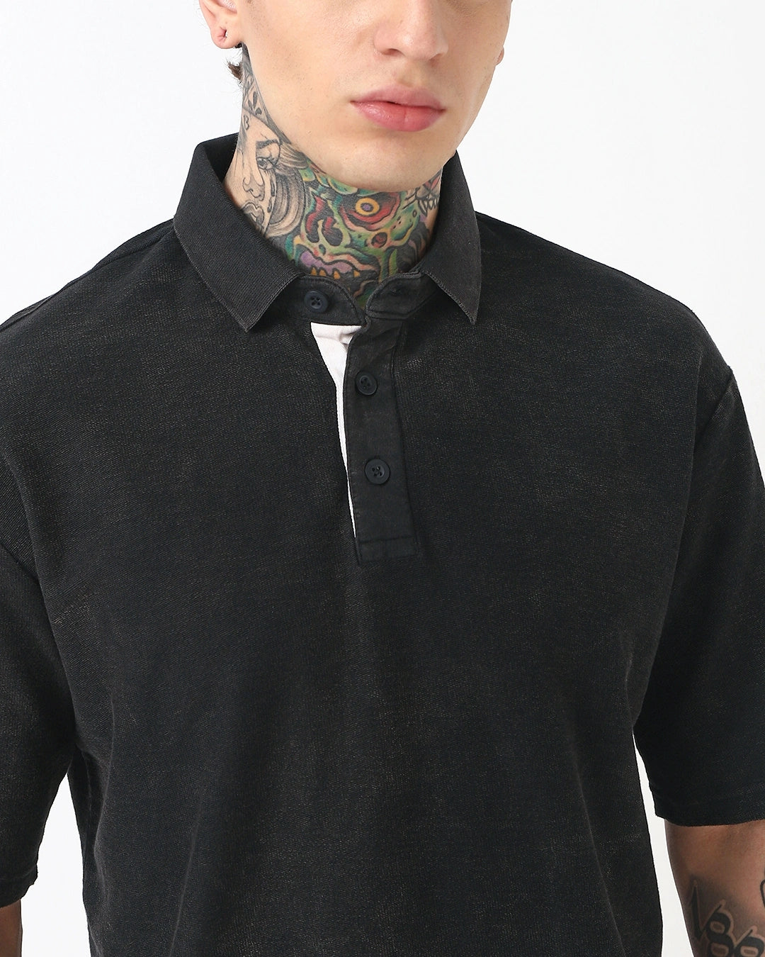 Men's black acid washed polo t-shirt