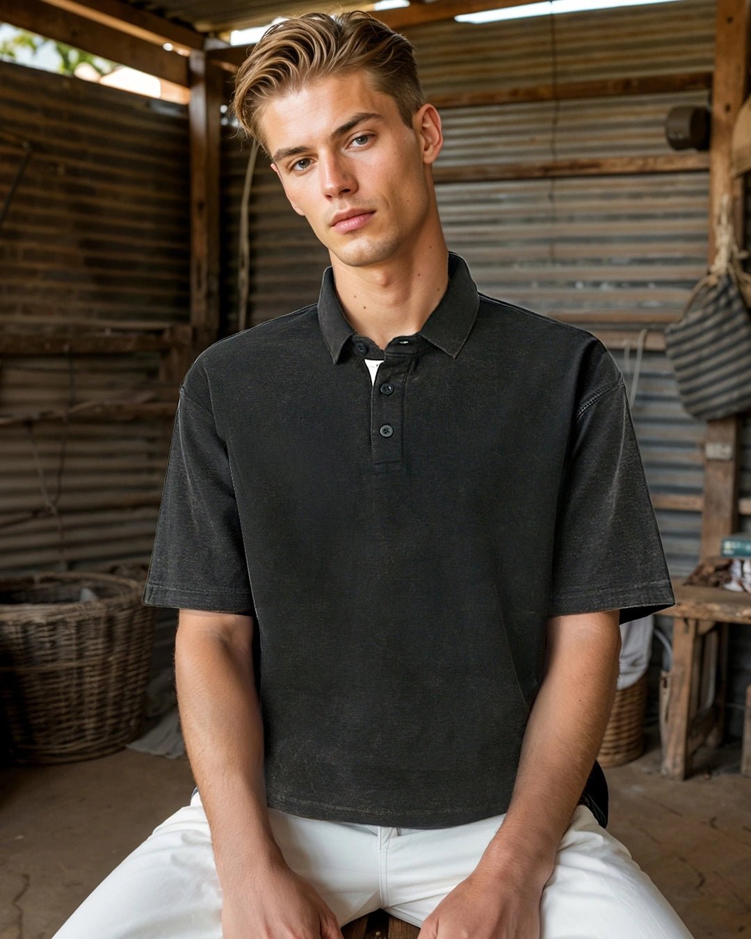 Men's black acid washed polo t-shirt