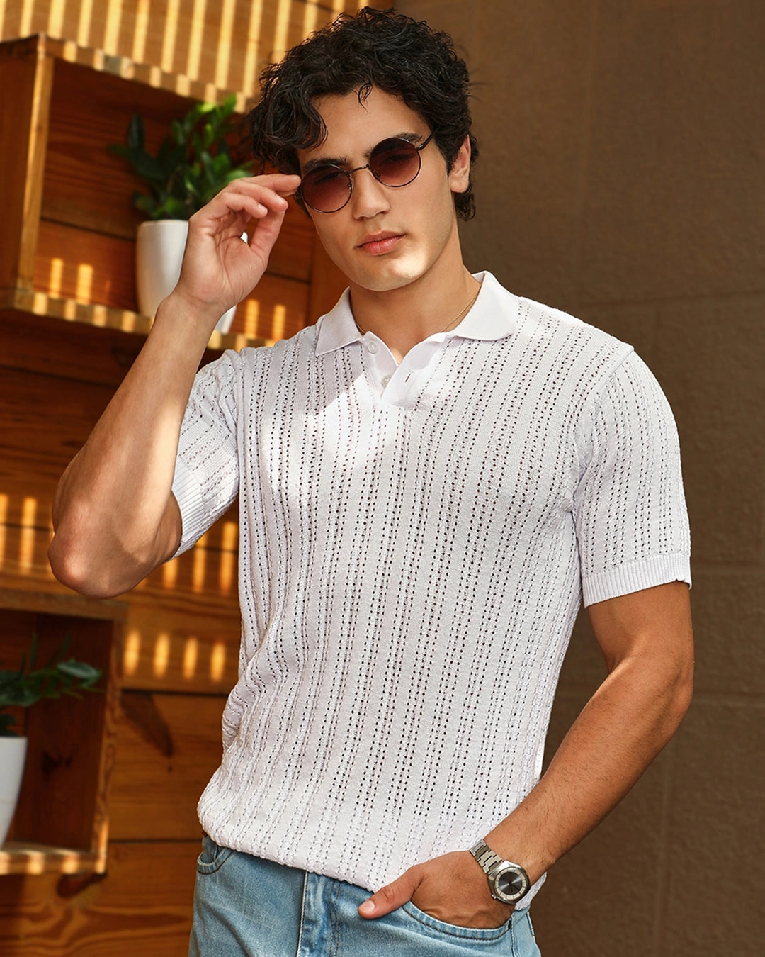 Men's chalk white textured polo t-shirt for men