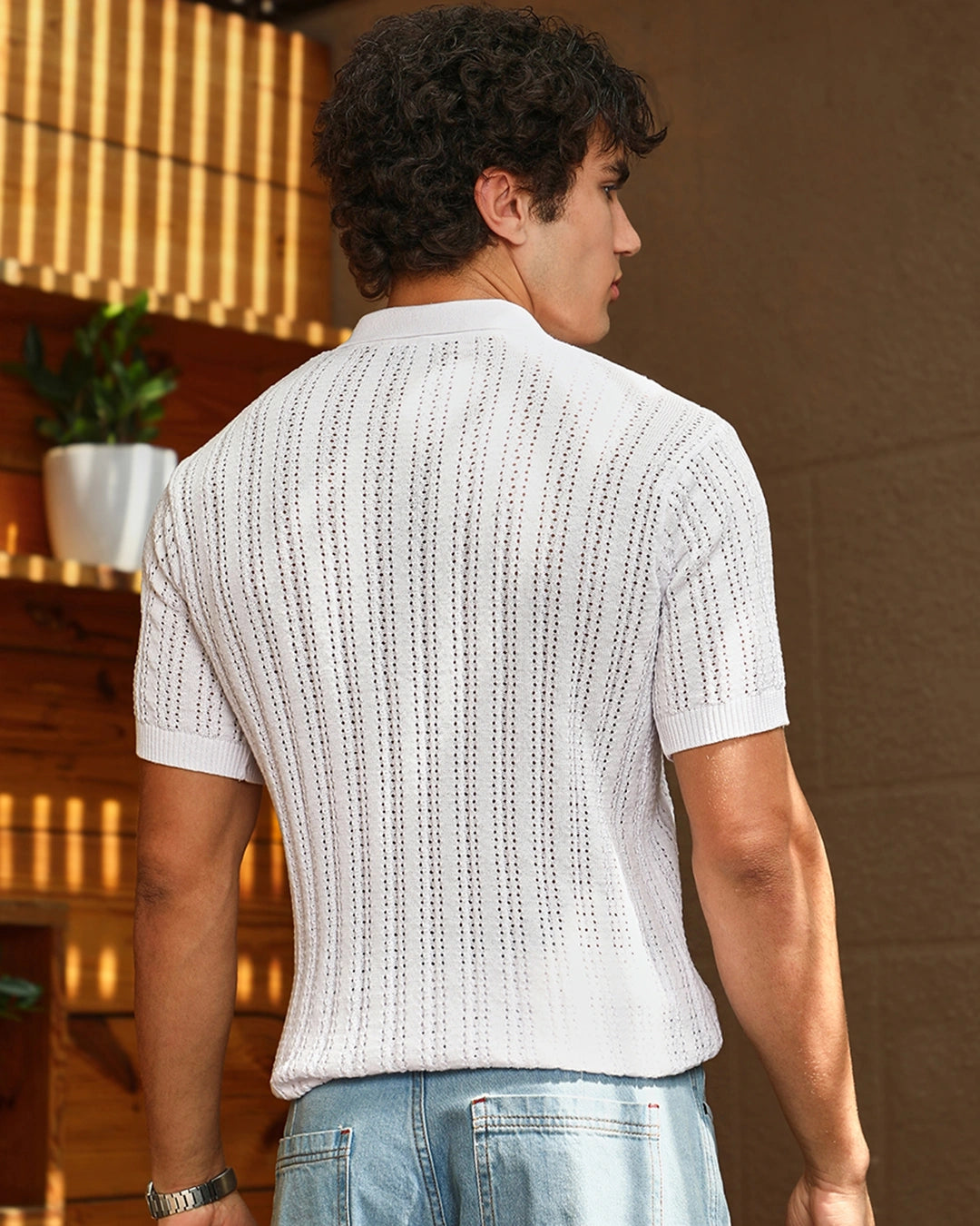 Men's chalk white textured polo t-shirt for men