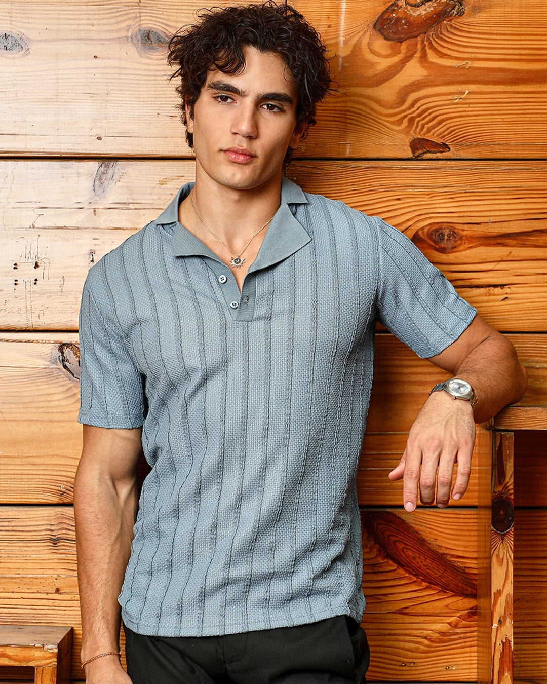 Men's icy blue textured polo t-shirts