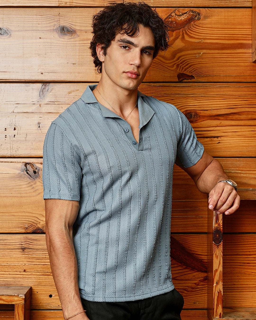 Men's icy blue textured polo t-shirts