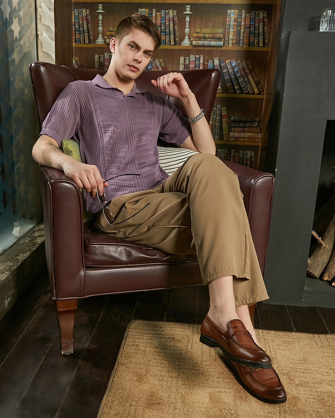 Men's mauve purple textured polo t-shirt