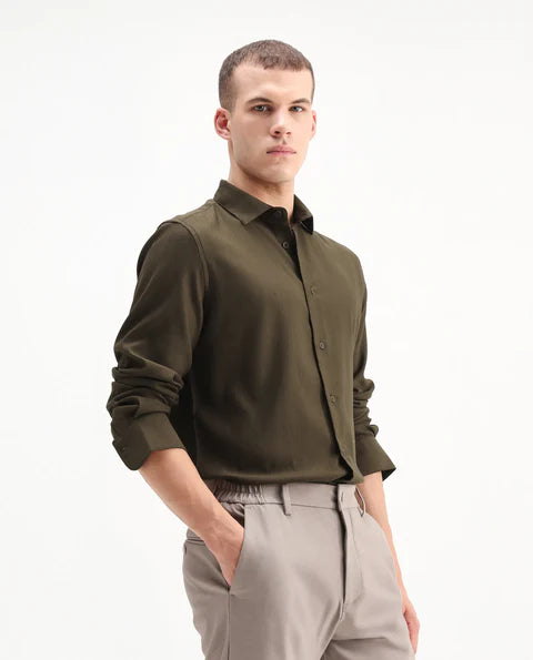 REGULAR FIT VISCOSE STRIPED SHIRT MERO-25 - DARK OLIVE