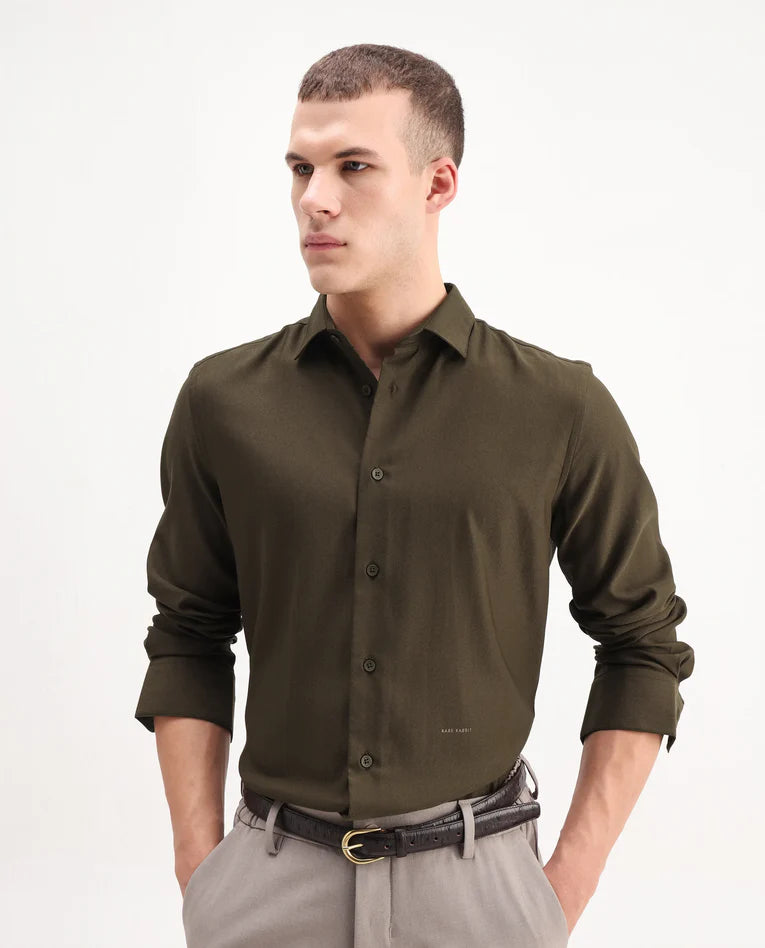 REGULAR FIT VISCOSE STRIPED SHIRT MERO-25 - DARK OLIVE